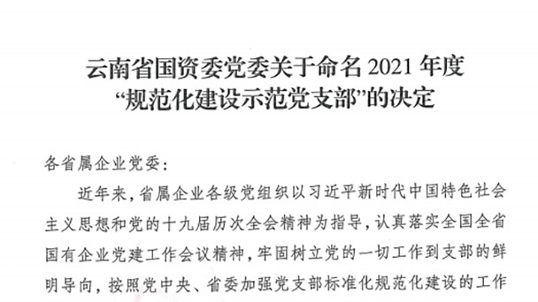 热烈祝贺！云煤（煤化）集团所属2个党支部被命名为省国资委2021年度“规范化建设示范党支部”